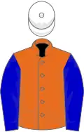 Orange, blue sleeves, white cap