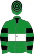 Green, white hoop, green and black hooped sleeves and cap