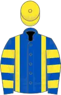 Royal blue, yellow braces, hooped sleeves, yellow cap
