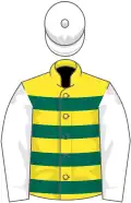 Yellow and dark green hoops, white sleeves and cap