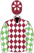 Maroon and white diamonds, white sleeves, light green diamonds
