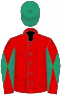 Red, emerald green diabolo on sleeves, emerald green cap