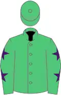 Emerald green, purple stars on sleeves