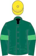 Dark green, emerald green armlets, yellow cap