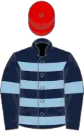 Dark blue, light blue hoops and armlets, red cap