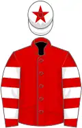 Red, red and white hooped sleeves, white cap, red star