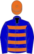 Blue, orange hoops on body, orange cap