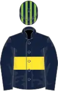 Dark blue, yellow hoop, light green and dark blue striped cap