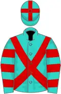 Turquoise, red cross sashes, hooped sleeves, turquoise cap, red cross