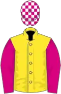 Yellow, cerise sleeves, cerise and white check cap