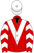 RED, white chevron, white chevrons on sleeves, white cap
