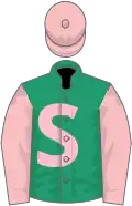 Emerald green, pink 'S', pink sleeves and cap