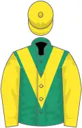 Emerald green, yellow chevron, sleeves and cap