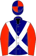 Navy blue, scarlet sleeves, quartered cap, white cross belts