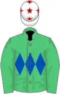 Emerald green, royal blue triple diamond, white cap, red stars