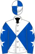 White and royal blue diabolo, royal blue sleeves, white stars, white and royal blue quartered cap