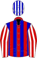 Red and blue stripes, red and white striped sleeves, blue and white striped cap
