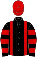 Black, red braces, hooped sleeves, red cap