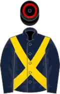 Dark blue, gold cross belts, black cap, red hoop