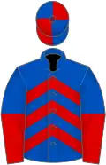 Royal blue, red chevrons, halved sleeves, quartered cap