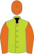 Lime green, orange sleeves and cap