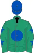 Emerald green, royal blue disc, emerald green sleeves, royal blue stars, royal blue cap