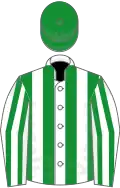 White, green stripes, green cap