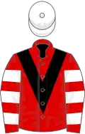Red, black chevron, red and white hooped sleeves, white cap