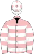 Pink, white hoops, white cap, pink spots
