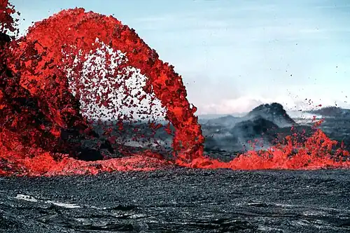 Image 22Incandescent Pahoeoe Fountain at Shield volcano, by J.D. Griggs, USGS (from Wikipedia:Featured pictures/Sciences/Geology)