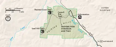The Painted Hills Unit lies along Burnt Ranch Road northwest of Mitchell, Oregon.