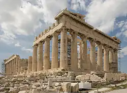 The Parthenon under restoration in 2008, the most iconic Classical building, built from 447 BC to 432 BC, located in Athens