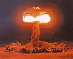 An aerial shot of the mushroom cloud produced from Hood