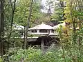 A view of the Mushroom House in Perinton, New York, a white, domed structure, framed by trees on the left and right and bushes at the bottom.