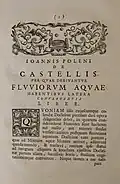 First page to De Castellis per quae derivantur fluviorum aquae habentibus latera convergentia liber (1718)