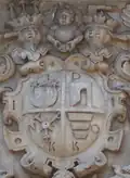 Coat of arms of Jan Daniłowicz. Sas, Topór, Herburt and Korczak (from his mother Katarzyna Tarło h. Topór, and his grandmothers Katarzyna Odnowska h. Herburt, and Regina Malczycka h. Korczak) coats of arms in Olesko castle main gate.