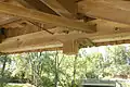 An underside bridge joint showing the Burr arch truss design.