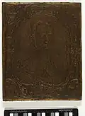 Portrait on leather wallpaper by Crispijn van de Passe the Younger and Marten van den Heuvel