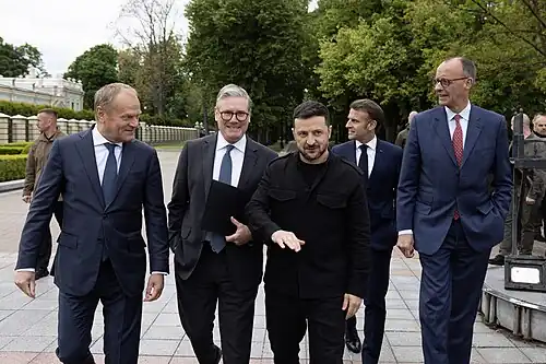 Merz's May 2025 visit to Ukraine. Going left from Friedrich Merz: French President Emmanuel Macron, Ukrainian President Volodymyr Zelenskyy, British Prime Minister Sir Keir Starmer, and Polish Prime Minister Donald Tusk
