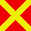 A horizontal red square panel with yellow diagonals, when displayed in a signal area, indicates that landings are prohibited and that the prohibition is liable to be prolonged.