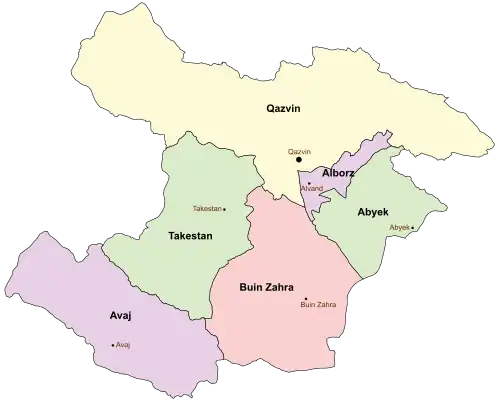 Location of Alborz County in Qazvin province (right, purple)