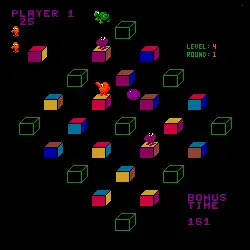 A square video game screenshot that is a digital representation of a multicolored array of cubes in front of a black background. An orange spherical character, a purple ball, and two purple characters are on the cubes. Statistics related to gameplay are in the corners of the screen.