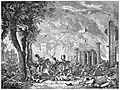 A chaotic scene of a riot in which buildings burn in the background while people are attacked by mounted soldiers with swords