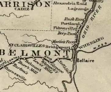 map showing Belmont County, Bellaire, Wheeling, and the Ohio River