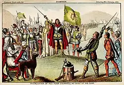 A color painting of a group of men wearing armor and holding up their weapons
