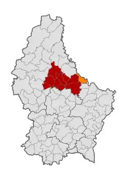 Map of Luxembourg with Reisdorf highlighted in orange, and the canton in dark red