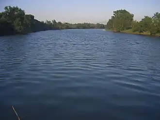 A middle-sized river flows placidly between banks covered in vegetation.