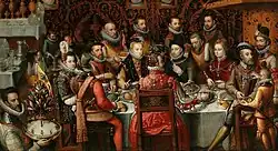 King Philip and Queen Anna banqueting with family and courtiers, by Alonso Sánchez Coello
