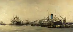Hobbe Smith (1913): Gezicht op de IJhaven en de Javakade naar het westen, met een "blauwpijper" van de Nederlandsche Stoomvaart Maatschappij Oceaan-Havengezicht het IJ ten zuiden v-d Handelskade, Amsterdam Museum.