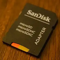 microSD card inserted into microSD to SD card adapter.